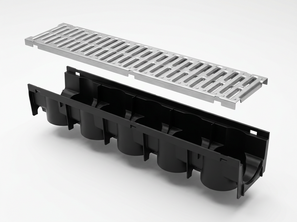 Manthorpe Silver Drain Channel and Grate, Heavy Duty Outdoor and Indoor Trench Drainage System for Driveways, Patios, and Garages