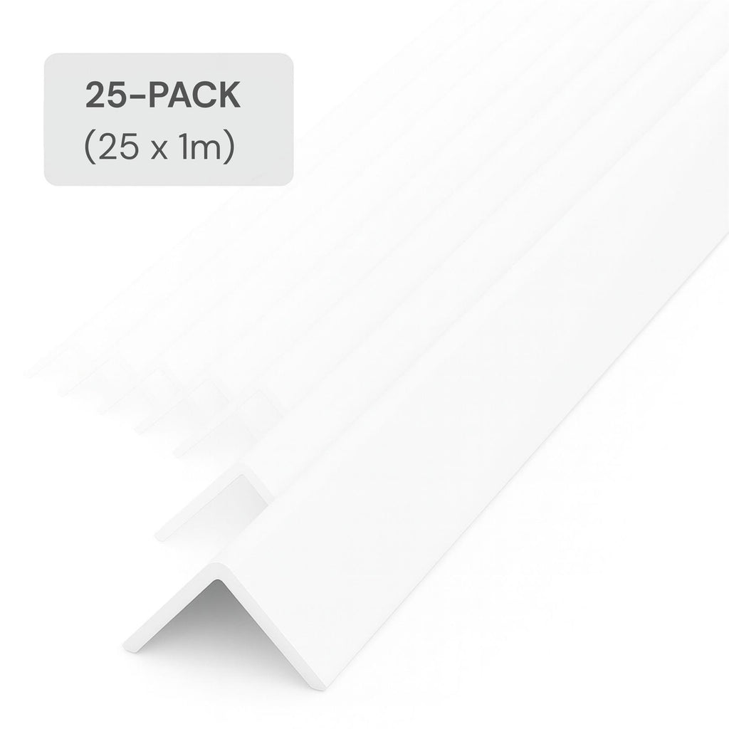 25 Pack White 1 Metre UPVC Plastic Rigid Angle 50 x 50mm Corner Cover Trim 90 Degree