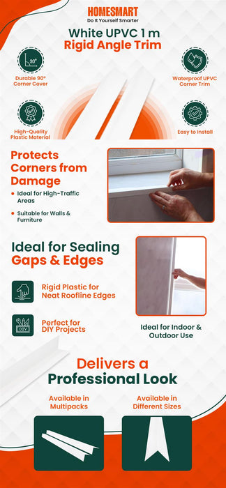 5 Pack – White Rigid Angle Trim – 10mm x 10mm x 1 Metre – PVC Corner Protector