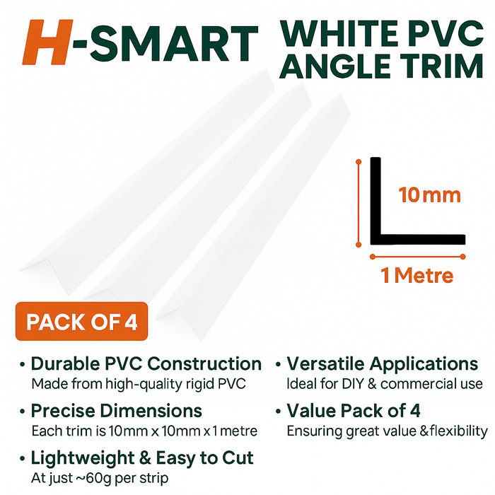 4 Pack - White Rigid Angle Trim - 10mm x 10mm x 1 Metre - PVC Corner Protector