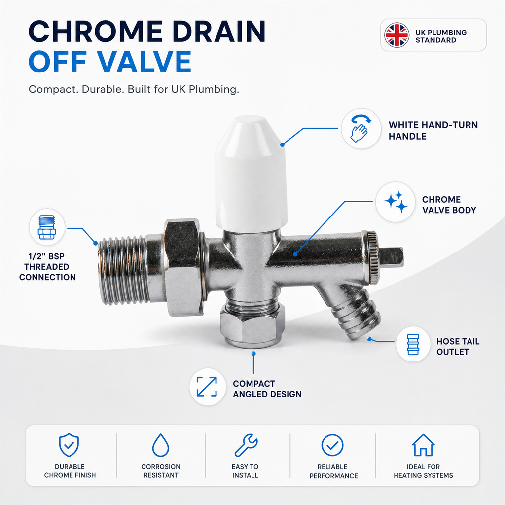 4 x 10mm Drain Off Valve Chrome - 1/2" BSP Radiator Drain Cock with White Handle & Hose Tail