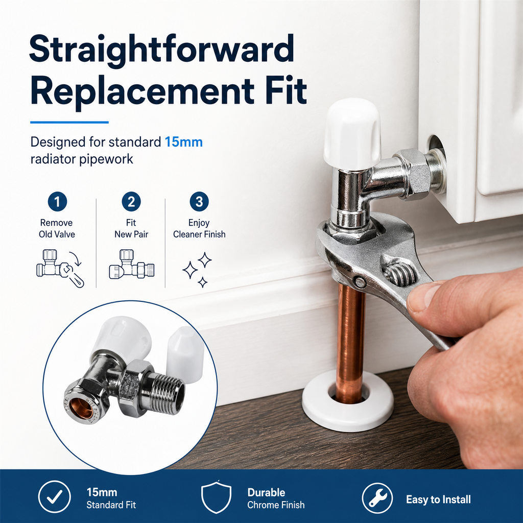 Kartell Angled Radiator Valves Pair — Chrome with White Handles, 15mm Thermostatic TRV & Lockshield Set, Universal Fit UK Standard Radiators, Easy-Install Designer Finish for Bathroom & Home Heating
