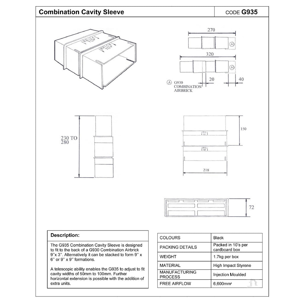 9" x 9" Manthorpe Extendable Combination Cavity Wall Sleeve Vent